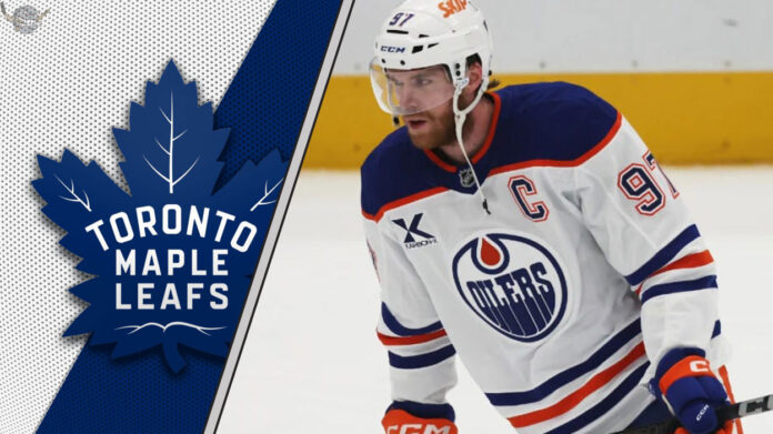 Connor McDavid skating with a subtle Maple Leafs logo in the background, fueling McDavid to Leafs rumors.