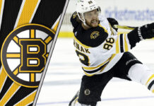 An action shot of Boston Bruins forward David Pastrňák celebrating a goal during an NHL game.