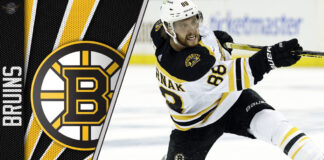 An action shot of Boston Bruins forward David Pastrňák celebrating a goal during an NHL game.
