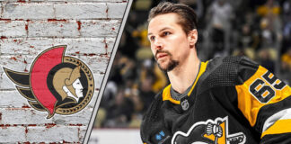 Erik Karlsson in a Pittsburgh Penguins jersey with a Ottawa Senators logo next to Karlsson, representing the ongoing NHL trade rumors.