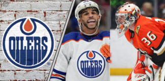 A composite image showing Edmonton Oilers forward Evander Kane and Anaheim Ducks goaltender John Gibson, representing a potential NHL trade rumor.