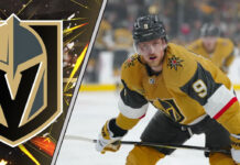 A focused Jack Eichel in his Vegas Golden Knights jersey, representing his 2025-26 point projections for fantasy hockey.