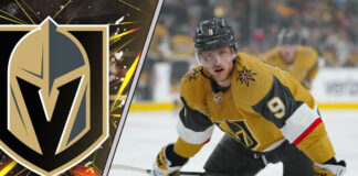 A focused Jack Eichel in his Vegas Golden Knights jersey, representing his 2025-26 point projections for fantasy hockey.