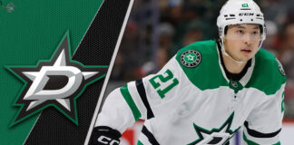 Dallas Stars forward Jason Robertson looking on, amidst NHL trade rumors connecting him to the Ottawa Senators and Anaheim Ducks.