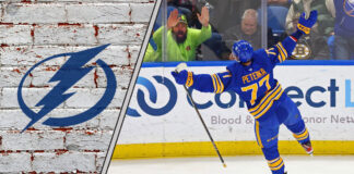 An image of Buffalo Sabres forward JJ Peterka in action, with the Tampa Bay Lightning logo overlaid, symbolizing recent NHL trade rumors.