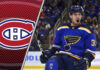 An action shot of Jordan Kyrou celebrating a goal, with the Montreal Canadiens logo superimposed in the background, representing a potential trade.