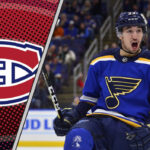 An action shot of Jordan Kyrou celebrating a goal, with the Montreal Canadiens logo superimposed in the background, representing a potential trade.