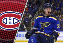 An action shot of Jordan Kyrou celebrating a goal, with the Montreal Canadiens logo superimposed in the background, representing a potential trade.