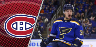 An action shot of Jordan Kyrou celebrating a goal, with the Montreal Canadiens logo superimposed in the background, representing a potential trade.