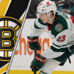 Rossi to the Bruins? A Deep Dive into the Marco Rossi Rumors and Boston’s Big Offseason Questions Minnesota Wild forward Marco Rossi skates with the puck, with the Boston Bruins logo superimposed in the background, representing a potential trade.