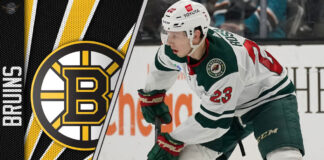 Minnesota Wild forward Marco Rossi skates with the puck, with the Boston Bruins logo superimposed in the background, representing a potential trade.