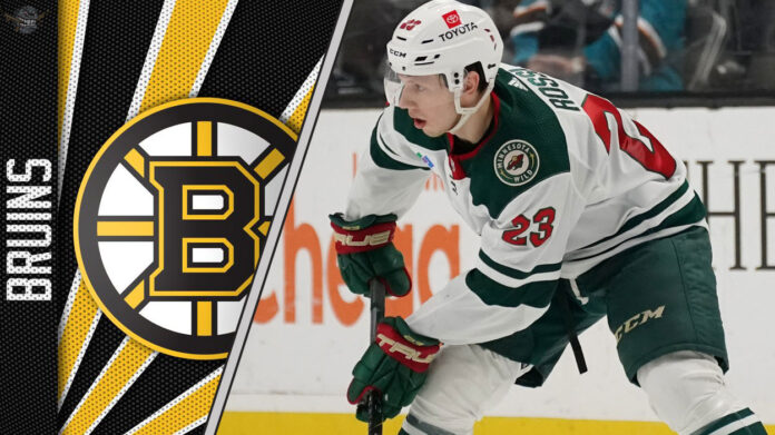 The Allure of Rossi for the Bruins Minnesota Wild forward Marco Rossi skates with the puck, with the Boston Bruins logo superimposed in the background, representing a potential trade.