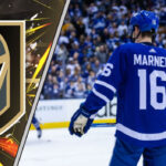 An image of Mitch Marner in his Toronto Maple Leafs jersey, with the Vegas Golden Knights logo in the background, representing the NHL trade rumors.