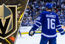 An image of Mitch Marner in his Toronto Maple Leafs jersey, with the Vegas Golden Knights logo in the background, representing the NHL trade rumors.