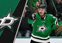 Matt Duchene smiling in his Dallas Stars jersey after signing his contract extension