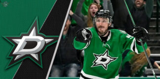 Matt Duchene smiling in his Dallas Stars jersey after signing his contract extension