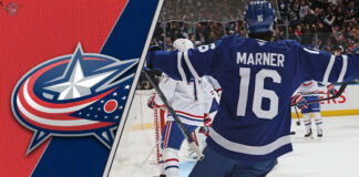 Toronto Maple Leafs forward Mitch Marner celebrates a goal on the ice, sparking NHL trade rumors about his future.