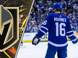 An image of Mitch Marner in a Toronto Maple Leafs jersey looking thoughtful, superimposed with the Vegas Golden Knights logo, symbolizing the NHL trade rumors.