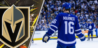 An image of Mitch Marner in a Toronto Maple Leafs jersey looking thoughtful, superimposed with the Vegas Golden Knights logo, symbolizing the NHL trade rumors.
