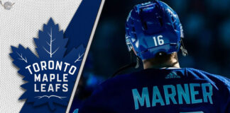 Mitch Marner in his Toronto Maple Leafs jersey, with the Vegas Golden Knights logo in the background, representing the trade that nearly was.