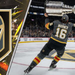 Vegas Golden Knights player Marner, wearing number 16, celebrates on the ice, hoisting the Stanley Cup above his head in a packed arena