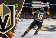 Vegas Golden Knights player Marner, wearing number 16, celebrates on the ice, hoisting the Stanley Cup above his head in a packed arena