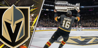Vegas Golden Knights player Marner, wearing number 16, celebrates on the ice, hoisting the Stanley Cup above his head in a packed arena