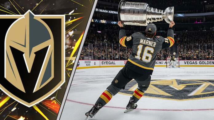Marner hoists the Stanley Cup Vegas Golden Knights player Marner, wearing number 16, celebrates on the ice, hoisting the Stanley Cup above his head in a packed arena