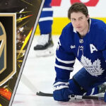 Mitch Marner in a Maple Leafs jersey looking thoughtful amidst swirling Vegas Golden Knights logos, symbolizing trade rumors.