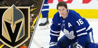 Mitch Marner in a Maple Leafs jersey looking thoughtful amidst swirling Vegas Golden Knights logos, symbolizing trade rumors.