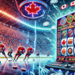From the Ice to the Interface: Why Canadian Bettors Love Hockey-Themed Slot Games Illustration showing a dramatic Canadian ice hockey match blending into a digital interface of hockey-themed online slot machines, symbolizing the fusion of sports culture and online gaming.