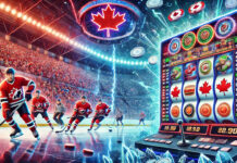 Illustration showing a dramatic Canadian ice hockey match blending into a digital interface of hockey-themed online slot machines, symbolizing the fusion of sports culture and online gaming.