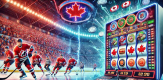 Illustration showing a dramatic Canadian ice hockey match blending into a digital interface of hockey-themed online slot machines, symbolizing the fusion of sports culture and online gaming.