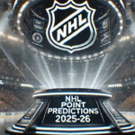 A panoramic view of a brightly lit NHL arena with the words NHL Point Projections 2025-26 on a plaque.
