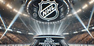 A panoramic view of a brightly lit NHL arena with the words NHL Point Projections 2025-26 on a plaque.