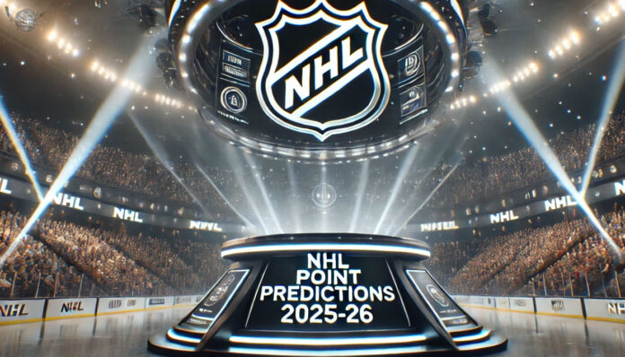 A panoramic view of a brightly lit NHL arena with the words NHL Point Projections 2025-26 on a plaque.
