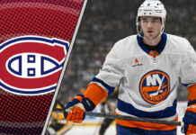 Montreal Canadiens logo with superimposed question mark over a New York Islanders defenseman, highlighting Noah Dobson rumors.