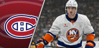 Montreal Canadiens logo with superimposed question mark over a New York Islanders defenseman, highlighting Noah Dobson rumors.