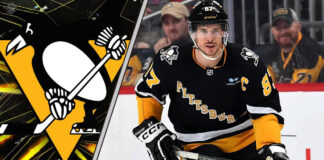 Sidney Crosby of the Pittsburgh Penguins skates with the puck during an NHL game, looking to make a play.