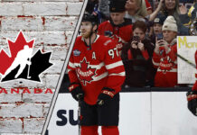 eam Canada's first six Olympic roster players for 2026, featuring Connor McDavid, Sidney Crosby, and Nathan MacKinnon in their Team Canada jerseys.