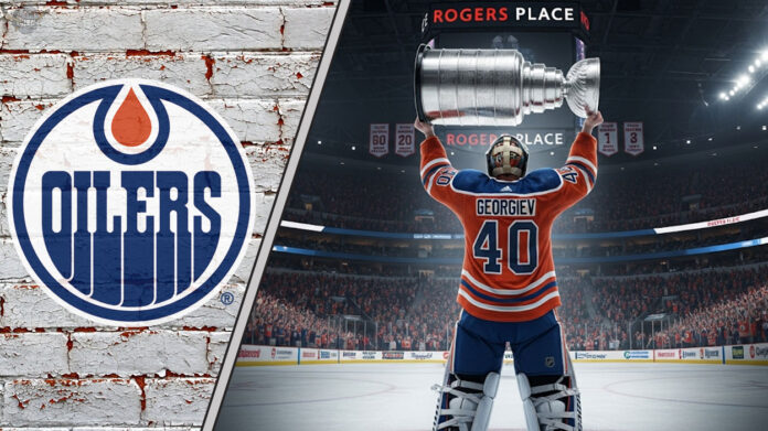 From behind, Edmonton Oilers goalie Alexandar Georgiev, wearing jersey number 40, lifts the Stanley Cup high above his head in celebration at center ice of a packed Rogers Place arena.