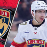 Florida Panthers forward Evan Rodrigues skates during an NHL game, the subject of recent NHL rumors.