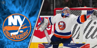 New York Islanders goaltender Ilya Sorokin makes a save, with a focused expression, amidst swirling NHL trade rumors
