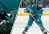 San Jose Sharks defenseman Mario Ferraro skates with the puck during an NHL game, with the San Jose Sharks logo on display