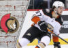An action shot of Mason McTavish in his Anaheim Ducks jersey, skating with the puck during an NHL game, with the Ottawa Senators logo in the corner.