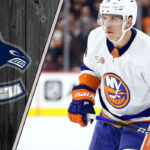 Bo Horvat skating in his New York Islanders jersey, the subject of recent NHL trade rumors to the Vancouver Canucks