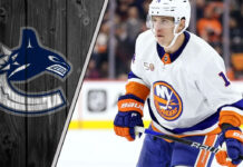 Bo Horvat skating in his New York Islanders jersey, the subject of recent NHL trade rumors to the Vancouver Canucks