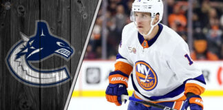Bo Horvat skating in his New York Islanders jersey, the subject of recent NHL trade rumors to the Vancouver Canucks