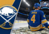Buffalo Sabres defenseman Bowen Byram, in his #4 jersey, sits atop a throne made of money stacks ten rows high at center ice in a realistic widescreen image symbolizing his new contract.