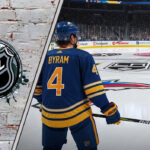 Bowen Byram in his Buffalo Sabres jersey, standing at center ice, contemplating his future with the team amidst trade rumors and offer sheet speculation.